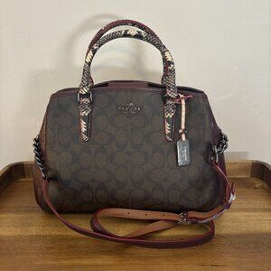Coach Margot Signature Brown Coated Canvas Snakeskin Crocodile Embossed Satchel